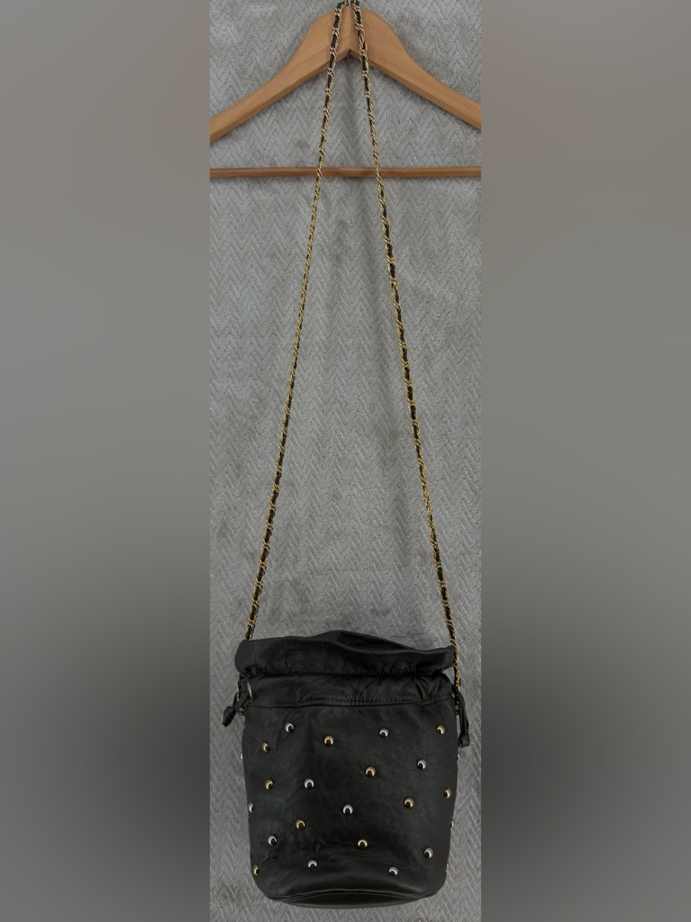 Vintage 1980s L.J. Simone New York Leather Studded Bucket Bag, Olive Toned